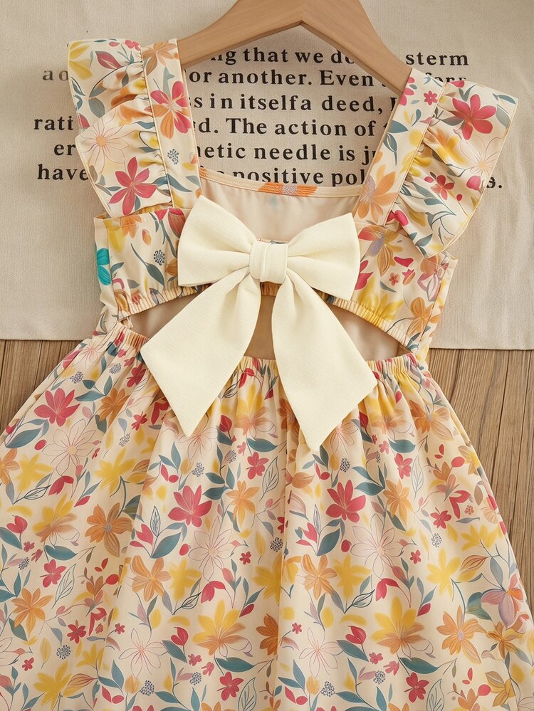 SHEIN Young Girl Yellow Plaid Young Girl T With Print For Vacation Style Cute Vacation Dress - Yellow - View 4
