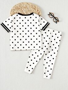 可愛復古時尚波點女嬰休閒舒適圓領短袖T恤與休閒內搭褲2件套，適合春夏日常、度假、外出、校園、運動、返校 - 彩色 - 查看 2