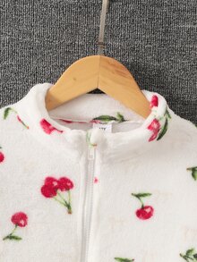 Genkimix Kids Girls' Big Tween Girl' Stand Collar Zipper Front Cuffed Fleece Watermark Jacket With All-Over Cherry Print Casual Jacket Top For Fall Winter - White - View 8