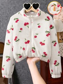 Genkimix Kids Girls' Big Tween Girl' Stand Collar Zipper Front Cuffed Fleece Watermark Jacket With All-Over Cherry Print Casual Jacket Top For Fall Winter - White - View 4