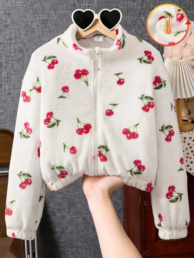 Genkimix Kids Girls' Big Tween Girl' Stand Collar Zipper Front Cuffed Fleece Watermark Jacket With All-Over Cherry Print Casual Jacket Top For Fall Winter - White - View 3