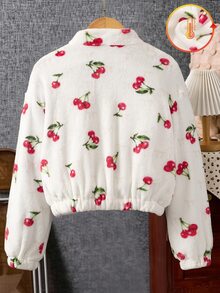 Genkimix Kids Girls' Big Tween Girl' Stand Collar Zipper Front Cuffed Fleece Watermark Jacket With All-Over Cherry Print Casual Jacket Top For Fall Winter - White - View 3