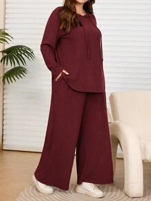 Rosumi 大尺碼女款休閒深灰色連帽衛衣與長褲兩件套，附口袋，秋冬款 - 酒紅色 - 查看 5