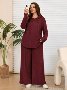 Rosumi 大尺碼女款休閒深灰色連帽衛衣與長褲兩件套，附口袋，秋冬款 - 酒紅色 - 查看 1