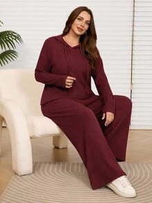 Rosumi 大尺碼女款休閒深灰色連帽衛衣與長褲兩件套，附口袋，秋冬款 - 酒紅色 - 查看 4