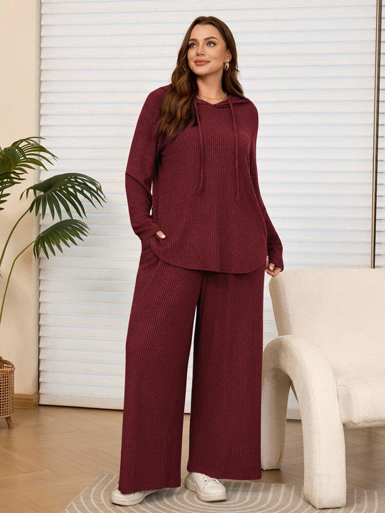 Rosumi Plus Size Women's Casual Dark Gray Hooded Sweatshirt And Pants 2 Pieces Set With Pockets, Autumn/Winter - Burgundy - View 7
