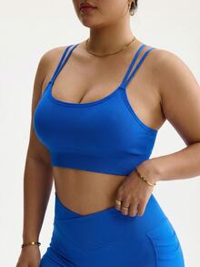 Rhythm Era Plus Size Women Seamless Criss-Cross Back Sports Bra, Fashionable Solid Color - Royal Blue - View 4
