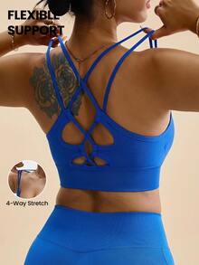 Rhythm Era Plus Size Women Seamless Criss-Cross Back Sports Bra, Fashionable Solid Color - Royal Blue - View 1
