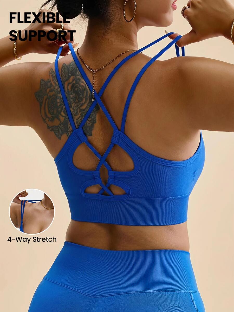 Rhythm Era Plus Size Women Seamless Criss-Cross Back Sports Bra, Fashionable Solid Color - Royal Blue - View 1