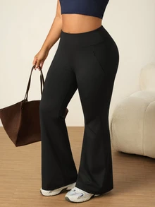 SHEIN Rhythm Era Plus Size Women's Solid Color High Waist Flare Pants - Black - View 7
