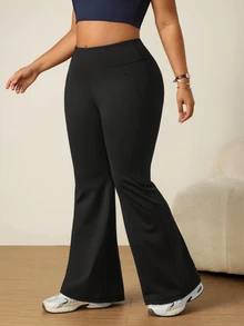 SHEIN Rhythm Era Plus Size Women's Solid Color High Waist Flare Pants - Black - View 8