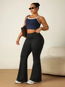 SHEIN Rhythm Era Plus Size Women's Solid Color High Waist Flare Pants - Black - View 6