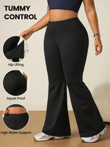 SHEIN Rhythm Era Plus Size Women's Solid Color High Waist Flare Pants - Black - View 1
