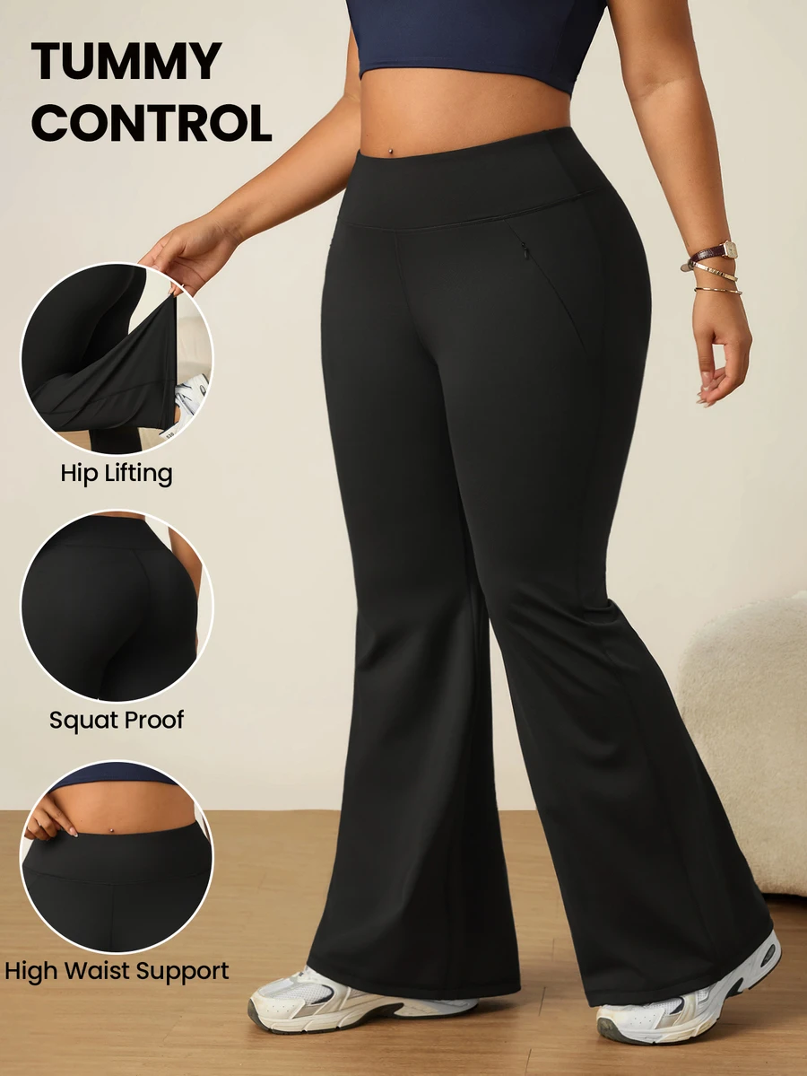 SHEIN Rhythm Era Plus Size Women's Solid Color High Waist Flare Pants - Black - View 1