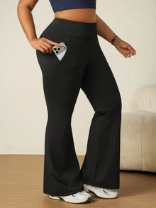 SHEIN Rhythm Era Plus Size Women's Solid Color High Waist Flare Pants - Black - View 5