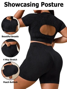 SHEIN Unity Plus Size Women's Seamless Sports Set, All-Over Print, Hollow Back Design, Shorts And Tank Top, Cycling Shorts Seamless Sports Set, Fitness Set - Black - View 8