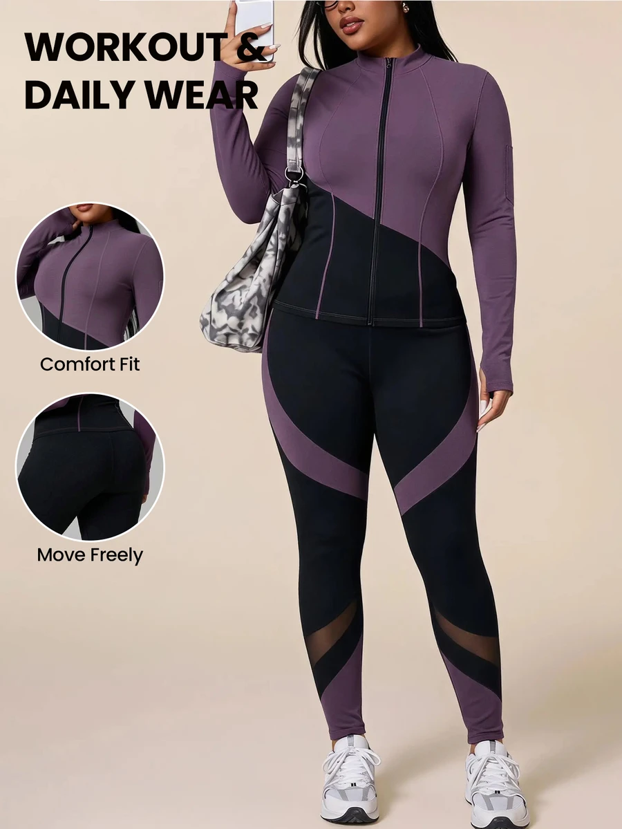SHEIN Rhythm Era Women's Plus Size Color Block Patchwork Jacket Pants Sports Set Gym Active Black Autumn Fall