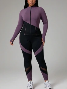 SHEIN Rhythm Era Women's Plus Size Color Block Patchwork Jacket Pants Sports Set Gym Active Black Autumn Fall - Black - View 4