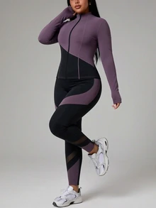 SHEIN Rhythm Era Women's Plus Size Color Block Patchwork Jacket Pants Sports Set Gym Active Black Autumn Fall - Black - View 5