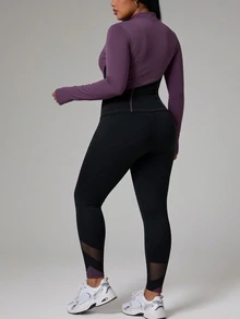 SHEIN Rhythm Era Women's Plus Size Color Block Patchwork Jacket Pants Sports Set Gym Active Black Autumn Fall - Black - View 3