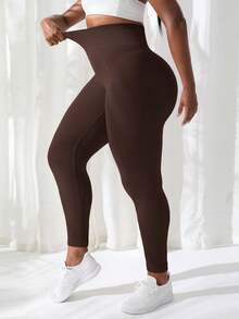 SHEIN Sports Plus Size Seamless Striped Sports Pants - Coffee Brown - View 4