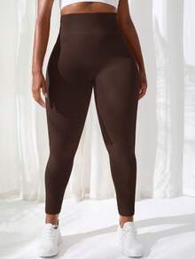 SHEIN Sports Plus Size Seamless Striped Sports Pants - Coffee Brown - View 3