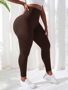 SHEIN Sports Plus Size Seamless Striped Sports Pants - Coffee Brown - View 5