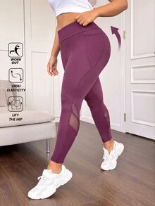 SHEIN Rhythm Era Mesh Patchwork High Waist Tummy Control Butt Lifting Leggings With Mesh Side Pockets - Red Violet - View 6
