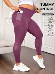 SHEIN Rhythm Era Mesh Patchwork High Waist Tummy Control Butt Lifting Leggings With Mesh Side Pockets - Red Violet - View 2