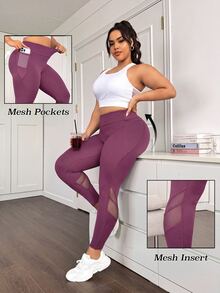 SHEIN Rhythm Era Mesh Patchwork High Waist Tummy Control Butt Lifting Leggings With Mesh Side Pockets - Red Violet - View 3