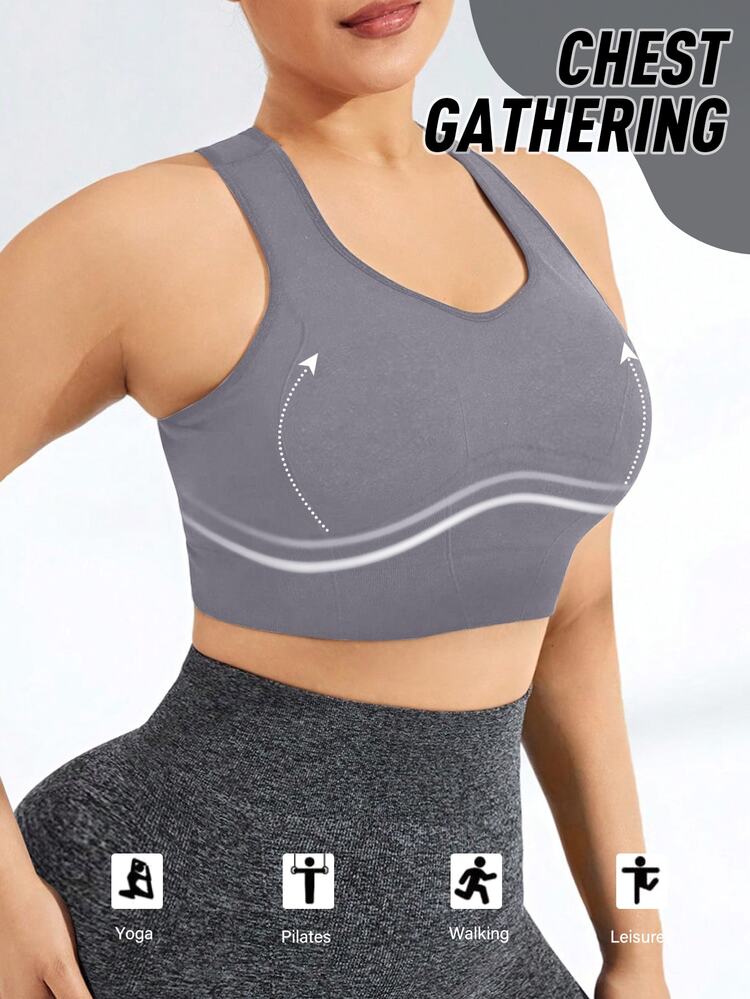 Rhythm Era Plus Size Solid Color Seamless Sports Bra Gym Sports White Summer - Grey - View 5