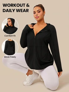 SHEIN Rhythm Era Women's Front Zipper Long Sleeve Pockets Casual Hooded Sports Jacket Fall - Black - View 1