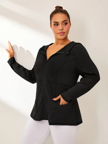 SHEIN Rhythm Era Women's Front Zipper Long Sleeve Pockets Casual Hooded Sports Jacket Fall - Black - View 5
