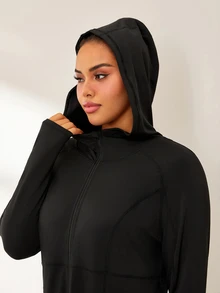 SHEIN Rhythm Era Women's Front Zipper Long Sleeve Pockets Casual Hooded Sports Jacket Fall - Black - View 3