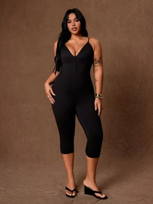 Rustia Jumpsuit Pas Badan Ukuran Plus dengan Tali dan Gesper, Jumpsuit Hitam Elastisitas Tinggi Panjang Sedang untuk Musim Gugur/Dingin - Hitam - View 4