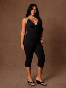 Rustia Jumpsuit Pas Badan Ukuran Plus dengan Tali dan Gesper, Jumpsuit Hitam Elastisitas Tinggi Panjang Sedang untuk Musim Gugur/Dingin - Hitam - View 8