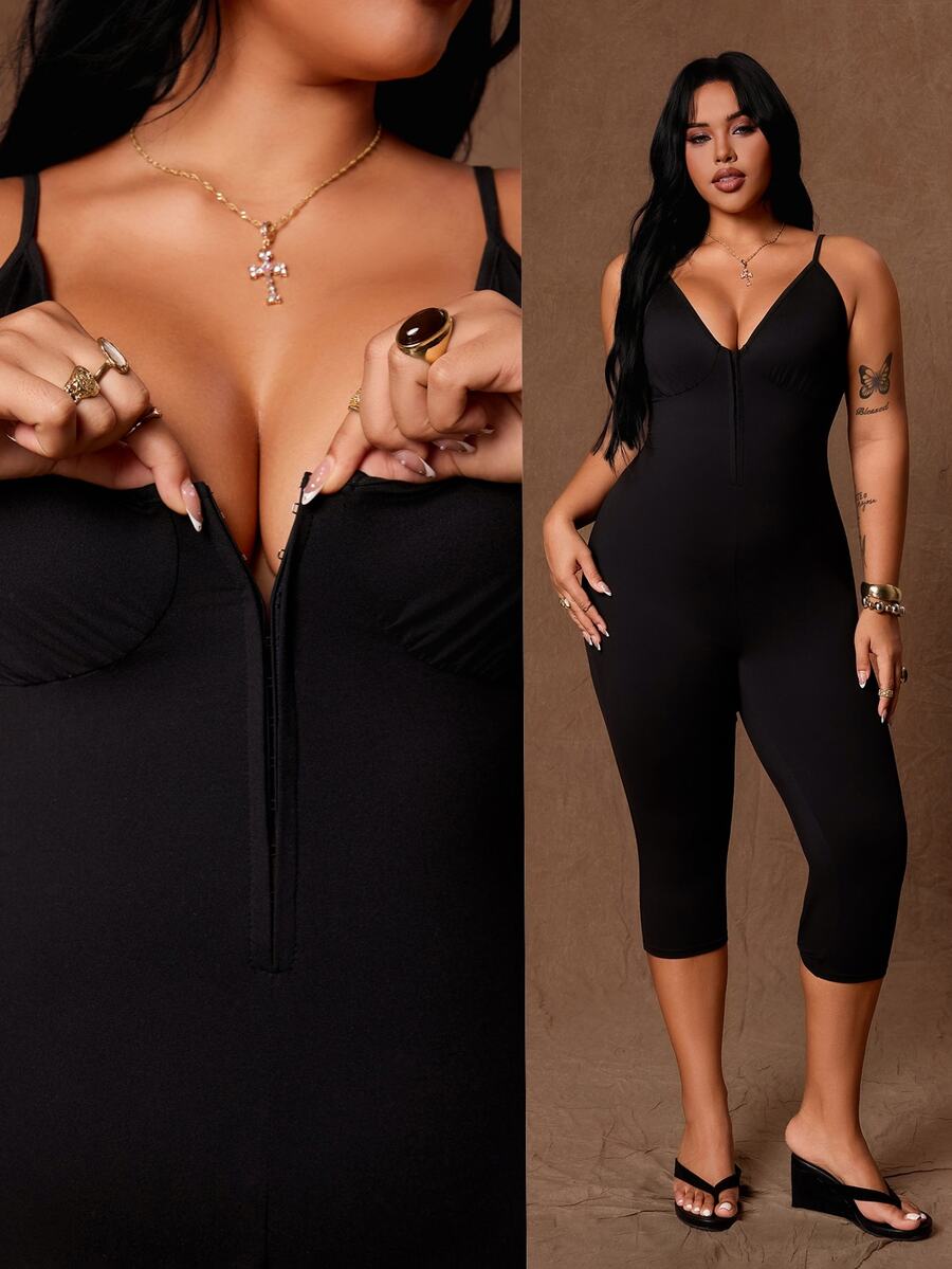 Rustia Plus Size Fitted Jumpsuit With Straps And Buckle, Black High Elasticity Mid-Length Jumpsuit For Autumn/Winter - Black - View 1