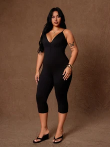 Rustia Jumpsuit Pas Badan Ukuran Plus dengan Tali dan Gesper, Jumpsuit Hitam Elastisitas Tinggi Panjang Sedang untuk Musim Gugur/Dingin - Hitam - View 5