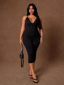 Rustia Jumpsuit Pas Badan Ukuran Plus dengan Tali dan Gesper, Jumpsuit Hitam Elastisitas Tinggi Panjang Sedang untuk Musim Gugur/Dingin - Hitam - View 7