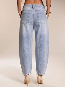 SHEIN Tall Tall Size Women's High Waisted Light Wash Distressed Ripped Loose Barrel Leg Jeans, Frayed Hem Casual Everyday Summer Vacation Pants - Light Wash - View 3