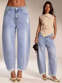 SHEIN Tall Tall Size Women's High Waisted Light Wash Distressed Ripped Loose Barrel Leg Jeans, Frayed Hem Casual Everyday Summer Vacation Pants - Light Wash - View 6