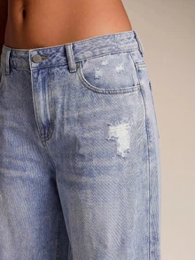 SHEIN Tall Tall Size Women's High Waisted Light Wash Distressed Ripped Loose Barrel Leg Jeans, Frayed Hem Casual Everyday Summer Vacation Pants - Light Wash - View 4