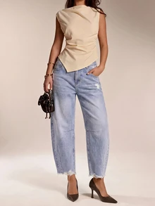 SHEIN Tall Tall Size Women's High Waisted Light Wash Distressed Ripped Loose Barrel Leg Jeans, Frayed Hem Casual Everyday Summer Vacation Pants - Light Wash - View 2
