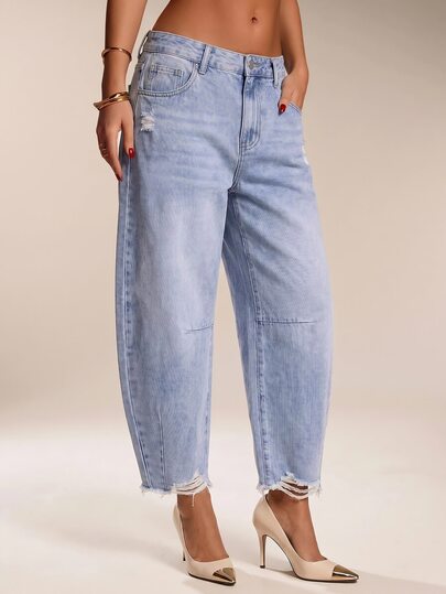 SHEIN Tall Jeans a vita alta con gamba a botte e orlo sfrangiato, lavaggio chiaro, pantaloni casual da tutti i giorni e per vacanze estive da donna