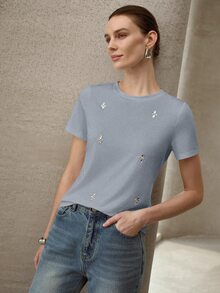 MOTF PREMIUM WOMEN'S SUMMER RHINESTONE-DECORATED SHORT-SLEEVE T-SHIRT - Grey - View 8