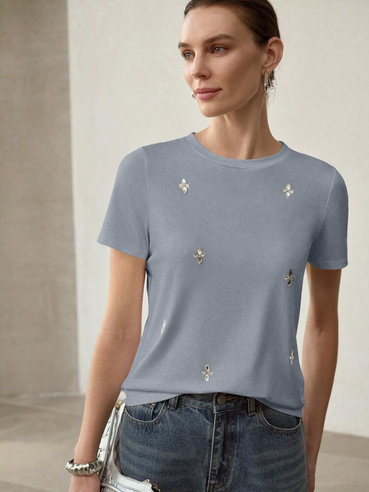 MOTF PREMIUM WOMEN'S SUMMER RHINESTONE-DECORATED SHORT-SLEEVE T-SHIRT - Grey - View 6