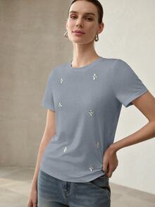 MOTF PREMIUM WOMEN'S SUMMER RHINESTONE-DECORATED SHORT-SLEEVE T-SHIRT - Grey - View 4