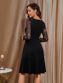 SHEIN Clasi Women's Elegant Party Silver Foil Mesh Patchwork Midi Dress - Black - View 2