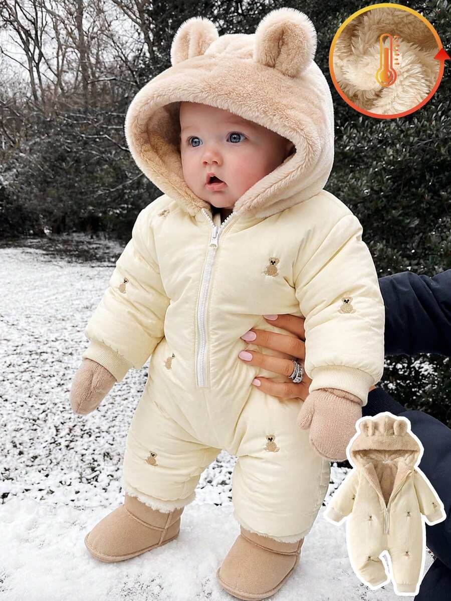 SHEIN 新生兒冬季棕色與白色波點可愛親子款愛心星星刺繡連帽長袖連身衣毛絨熊耳外套 - 杏色 - 查看 1