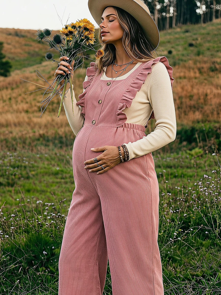 Boho Mama Maternity Fashion Versatile Button Ruffle Hem Jumpsuit Casual Birth Gender Reveal Pregnancy Summer Autumn Outfit Country Concert Cute Chic Going Out - Pink - View 1